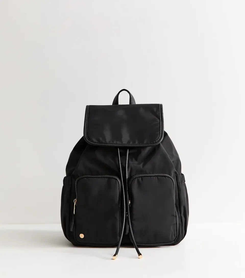 Black Woven Double Pocket Drawstring Backpack School