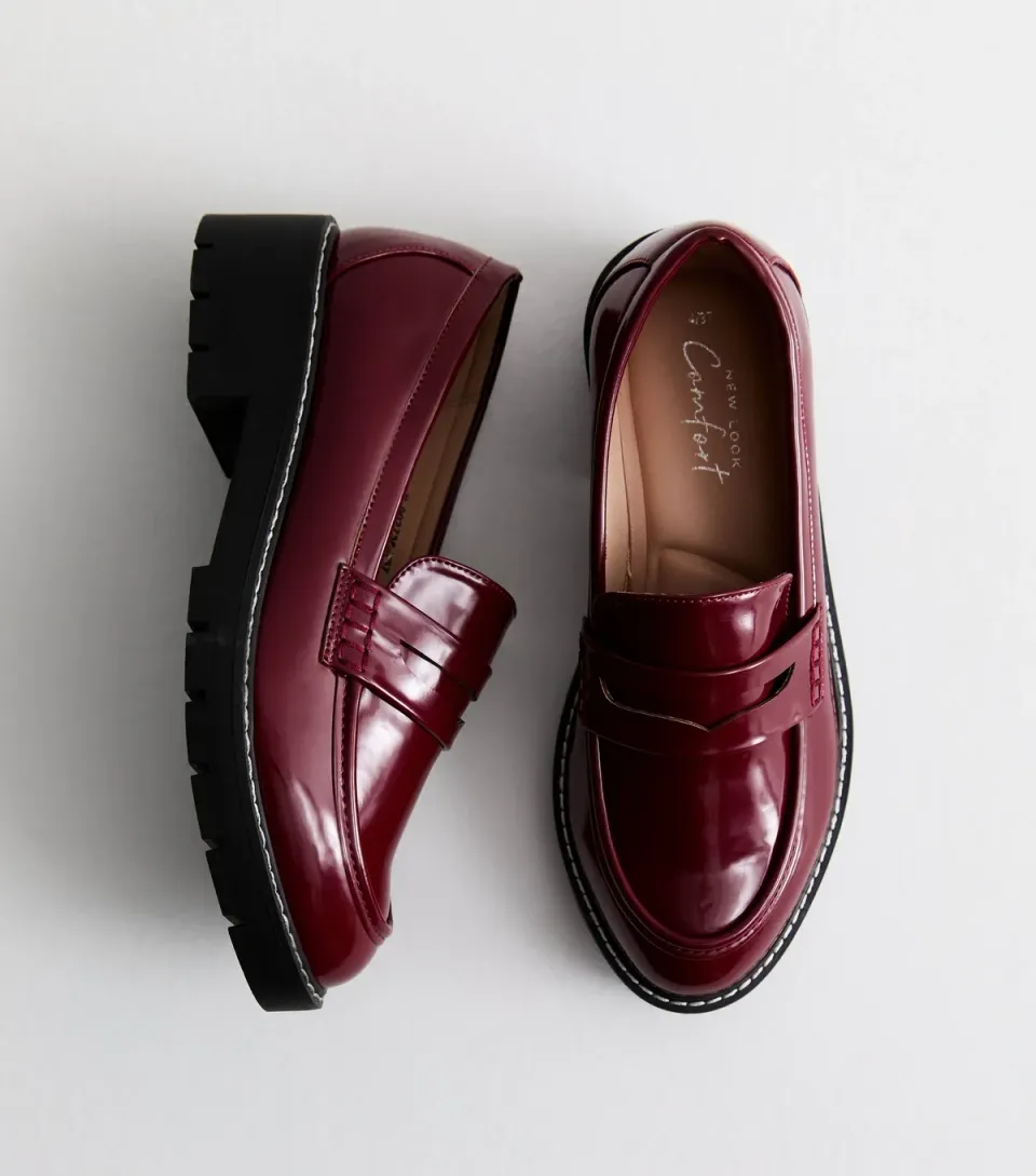 Women's Burgundy Patent Faux Leather Chunky Loafers