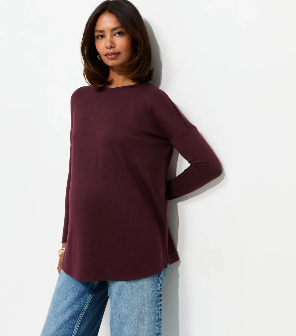 Women's Maternity Dark Burgundy Soft Touch Long Sleeve Top