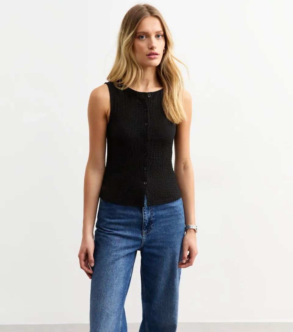 Women's Black Crinkle Crew Neck Button Through Waistcoat