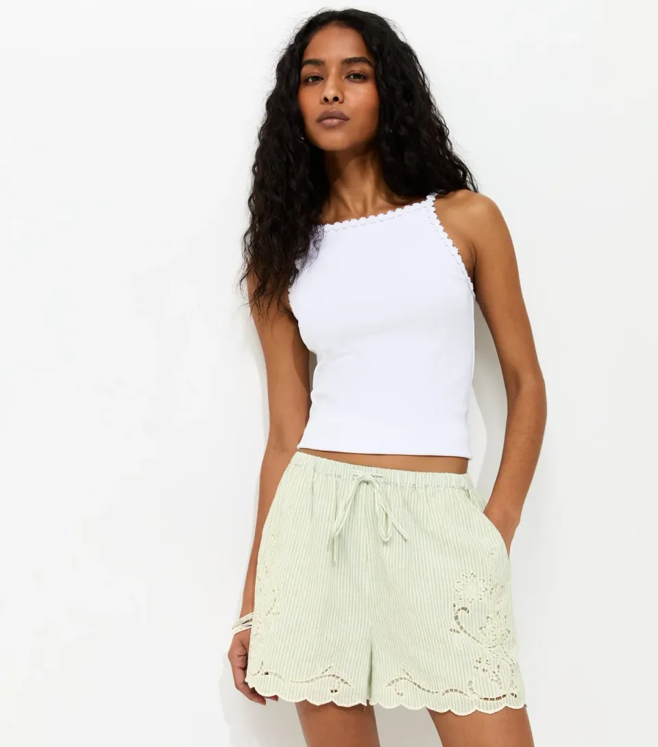 Women's Green Striped Shorts With Linen