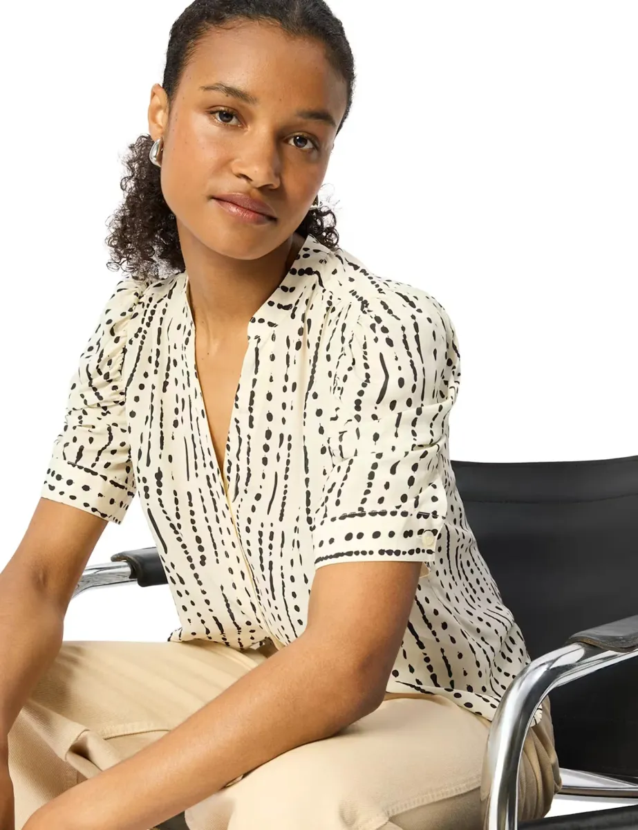 Polka Dot Print V-Neck Puff Sleeve Blouse Ivory Mix