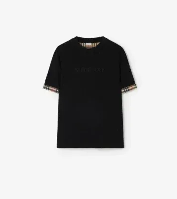 Check Trim Cotton T-shirt in Black