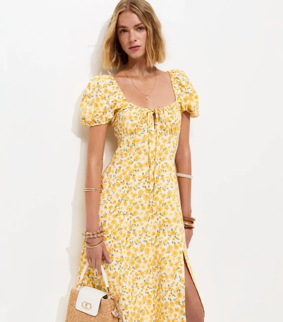 Women's Yellow Floral Print Milkmaid Split Front Midi Dress