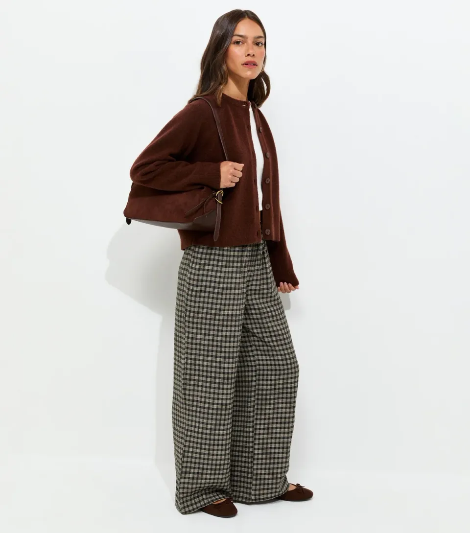 Women's Petite Blue Check Pattern Wide Leg Trousers