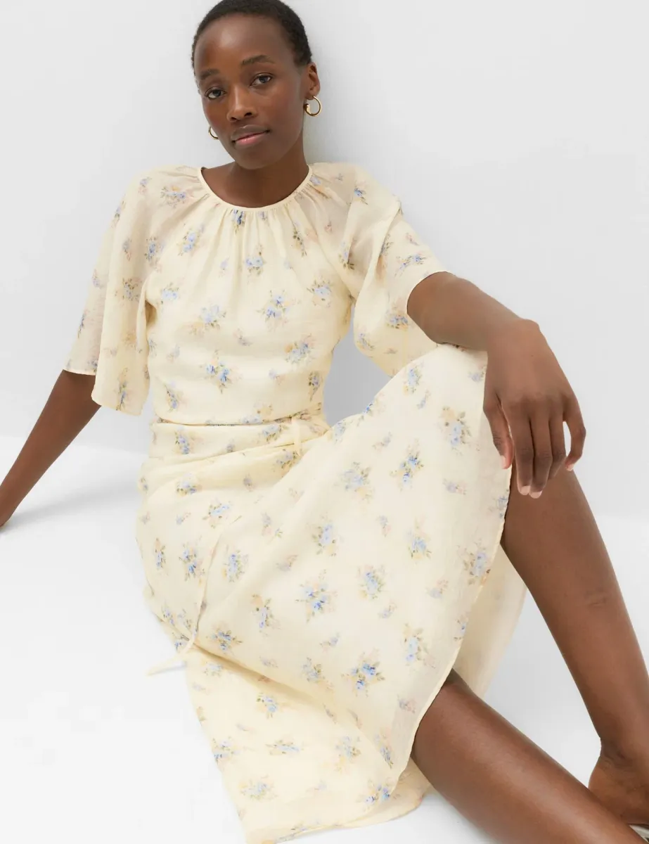 Floral Angel Sleeve Midi Waisted Dress Ivory Mix
