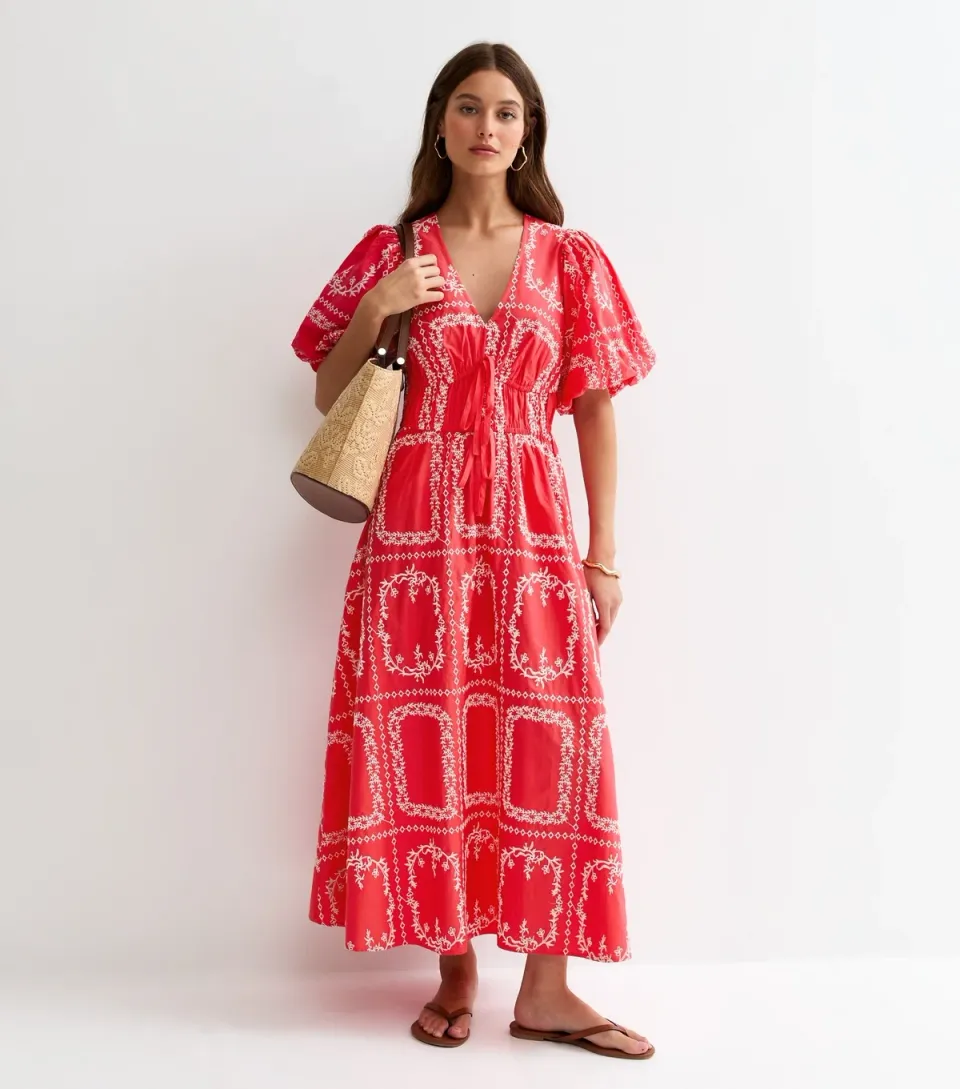 Women's Pink Embroidered Puff Sleeve Midi Dress