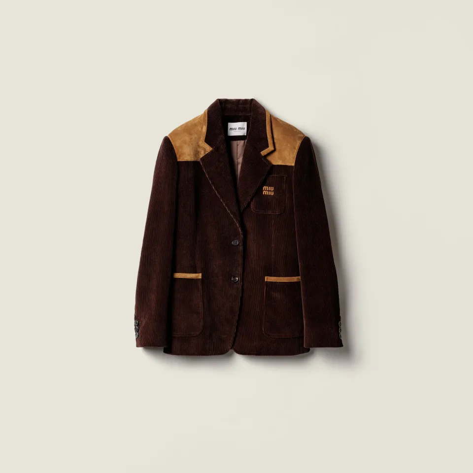 Single-breasted corduroy and leather jacket