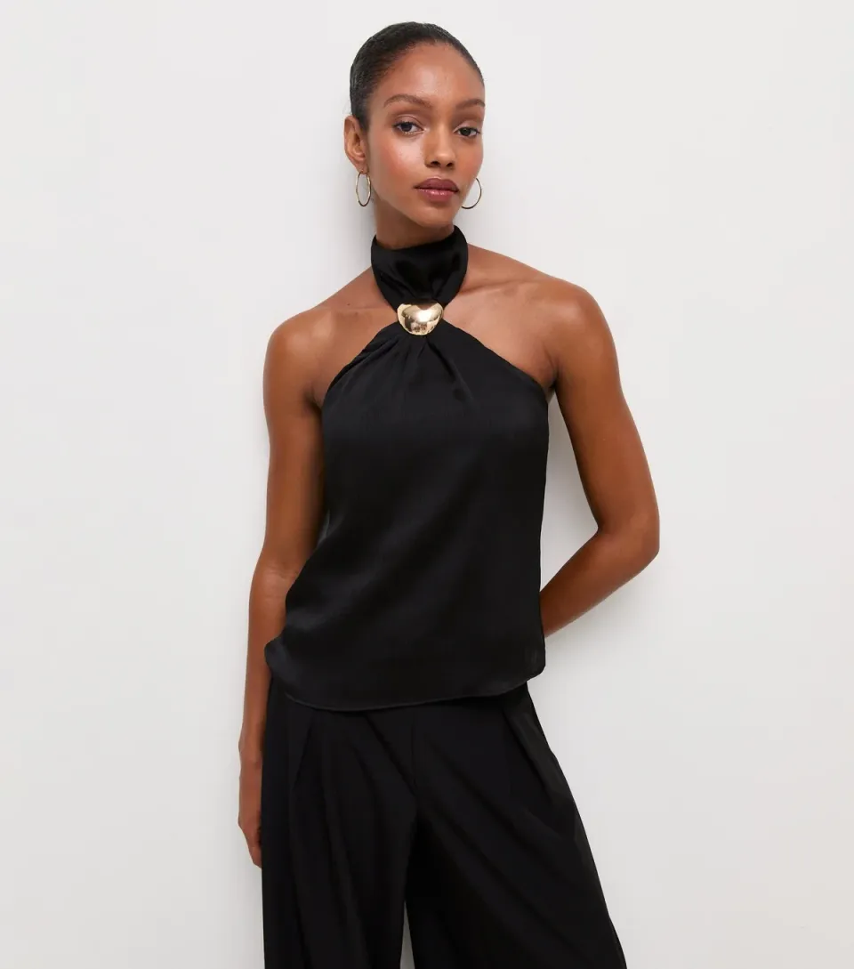 Women's Black Textured Golden Hardware Trim Halter Neck Top