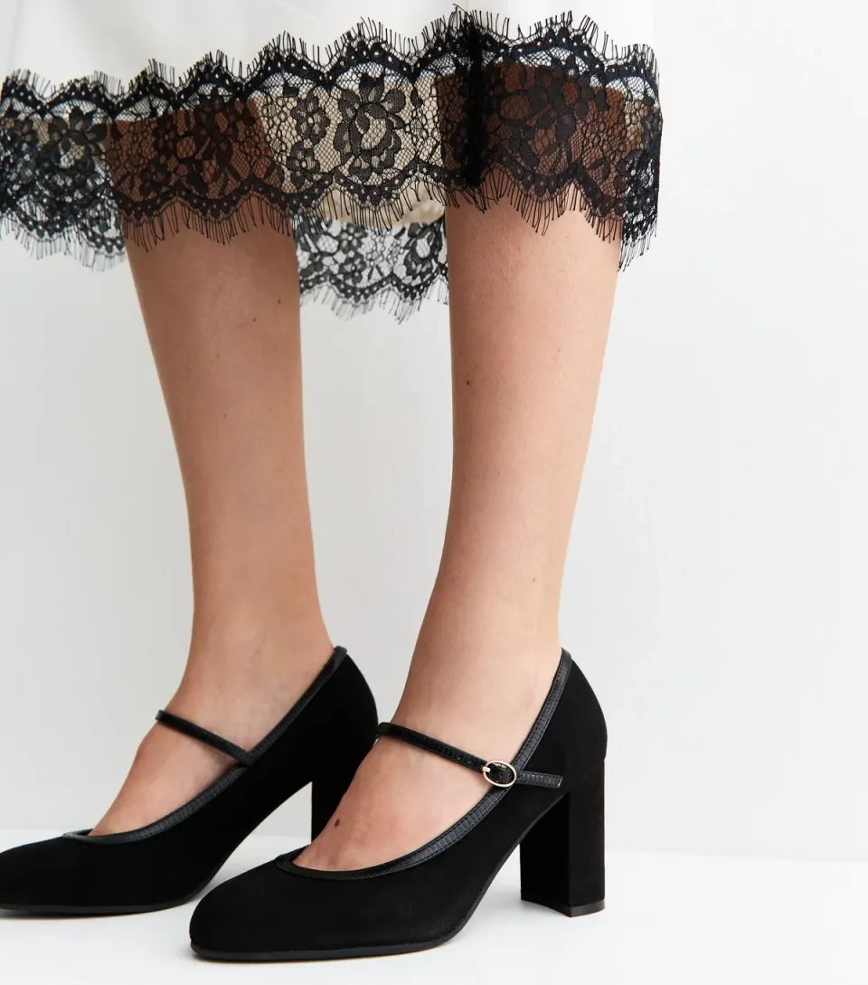 Women's Wide Fit Black Faux Suede Block Heel Mary Janes