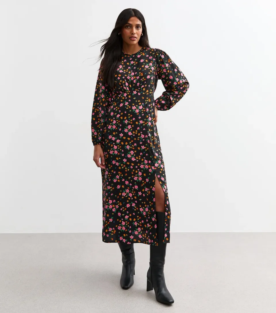 Women's Black Floral Print Slit Hem Midi Dress