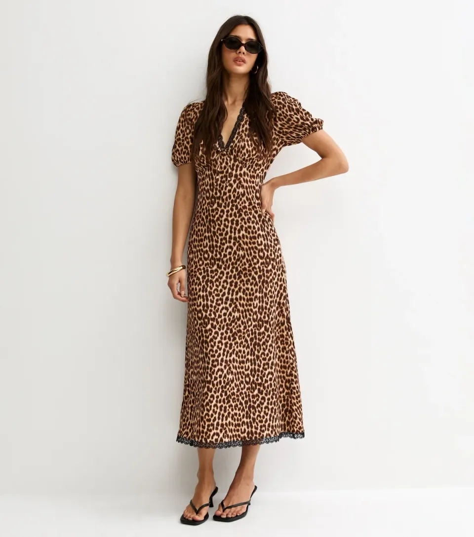 Women's Brown Animal Print Lace Trim Midi Dress