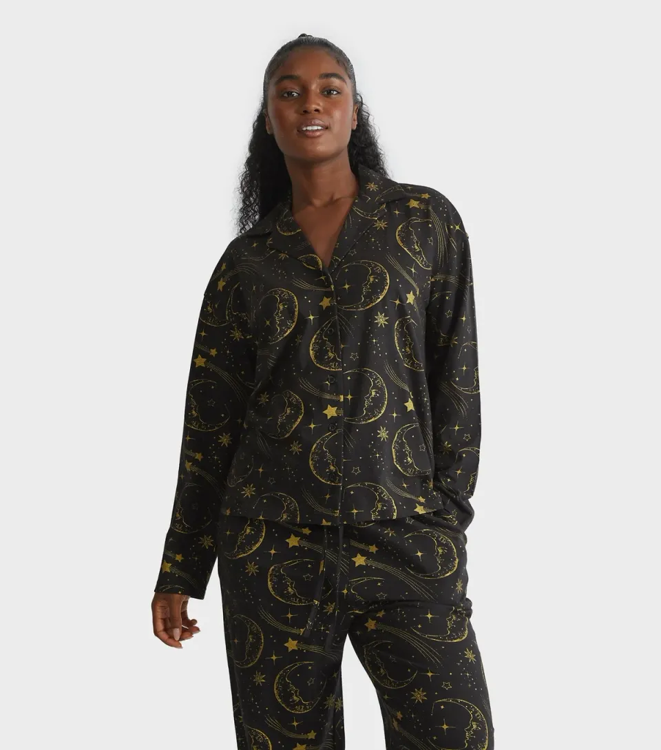 Women's Black Foiled Celestial Print Shirt and Trousers Pyjama Set