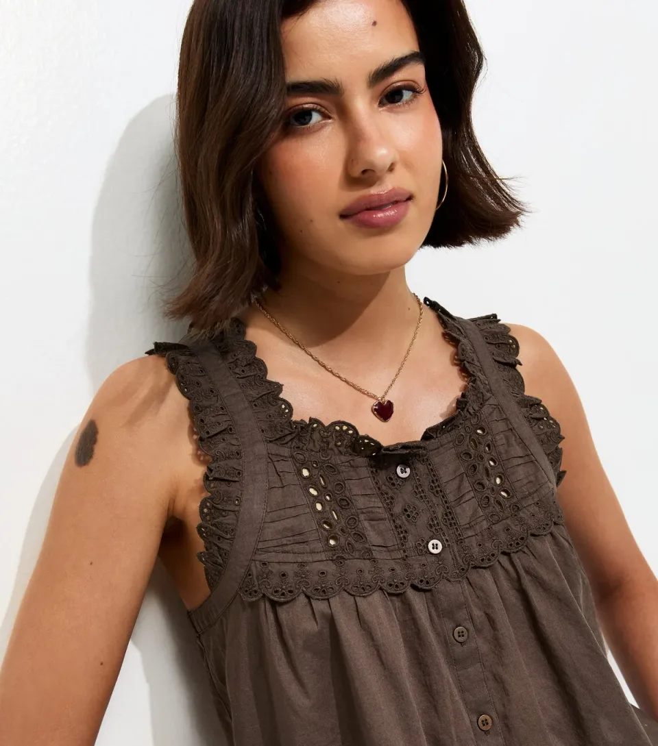 Women's Brown Embroidered Button Front Cami Top