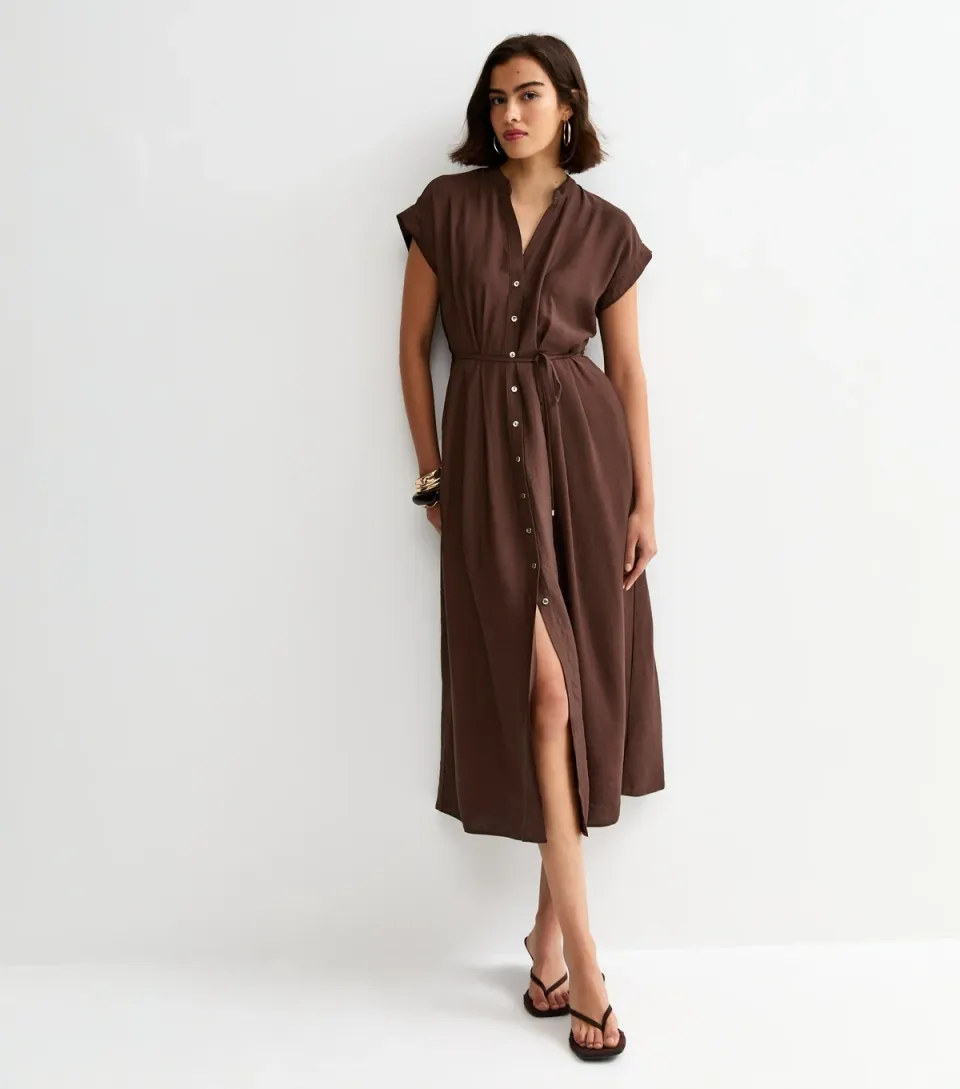 Women's Dark Brown Toggle Shirt Midi Dress