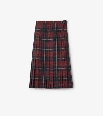 Check Wool Blend Midi Kilt in Coal grey/cranberry red