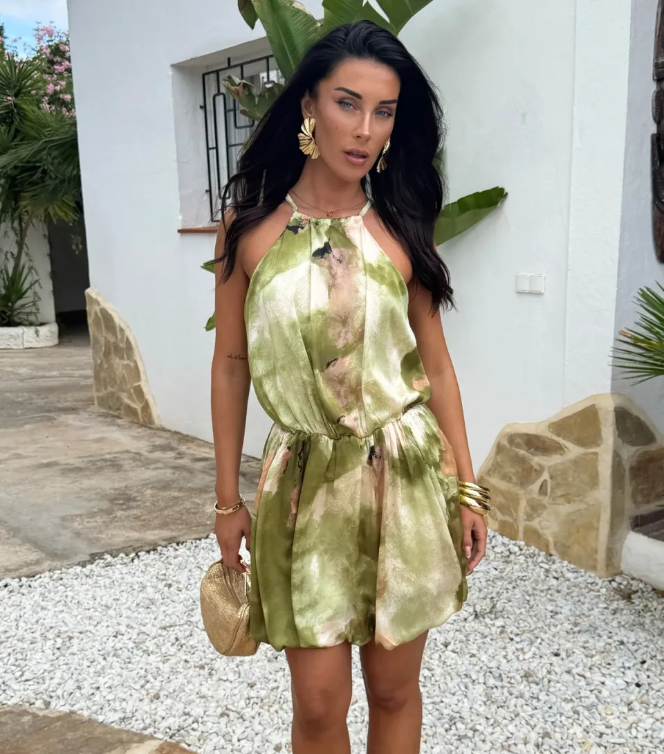 Women's Green Printed Bubble Hem Mini Dress