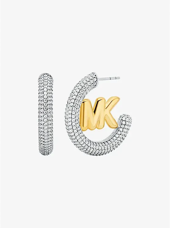Large Pavé Logo Charm Two-Tone Hoop Earrings