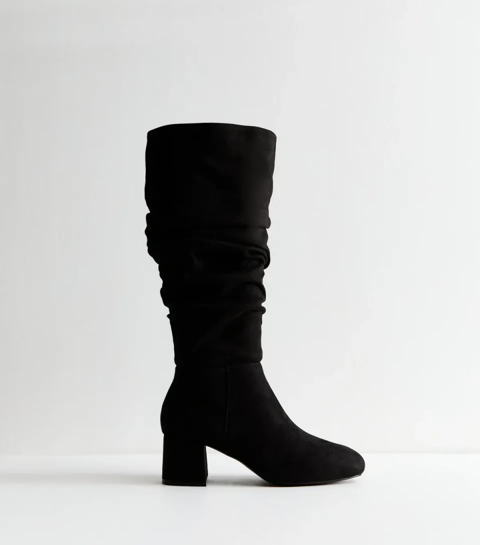 Women's Wide Fit Black Faux Suede Ruched Boots Vegan