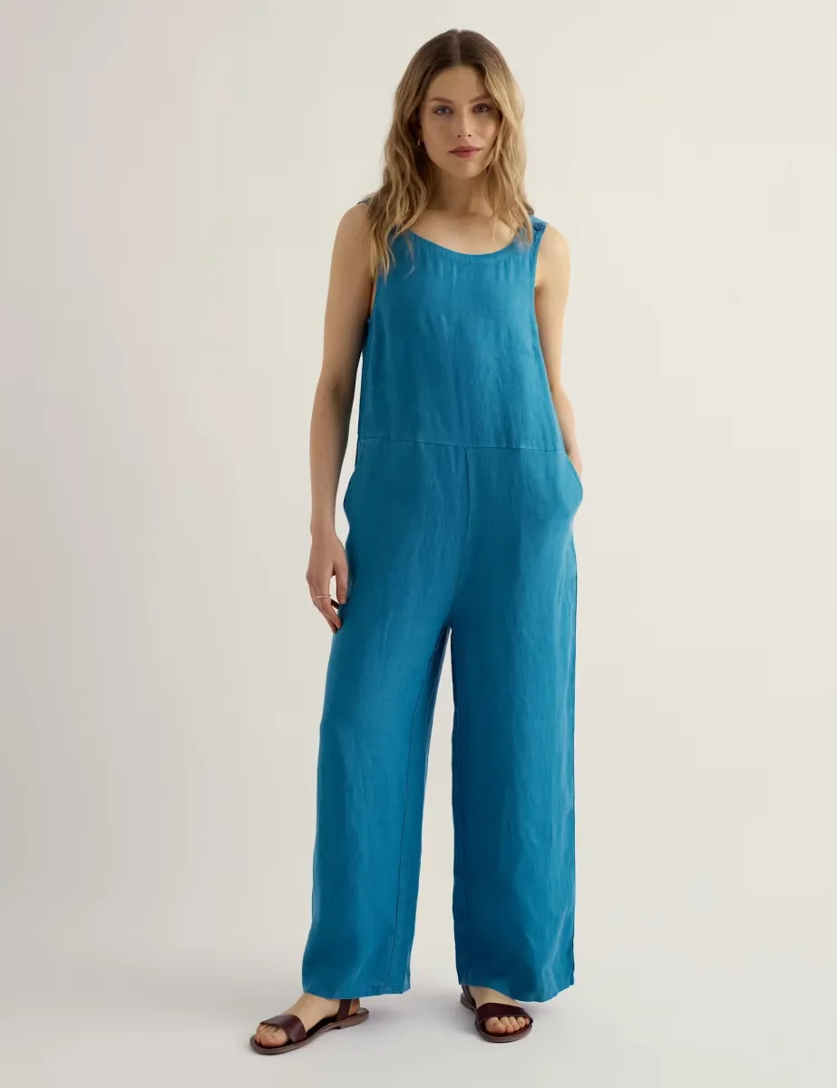 Pure Linen Sleeveless Jumpsuit Teal