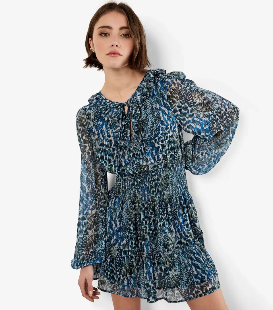 Women's Green Feather Print Chiffon Mini Dress