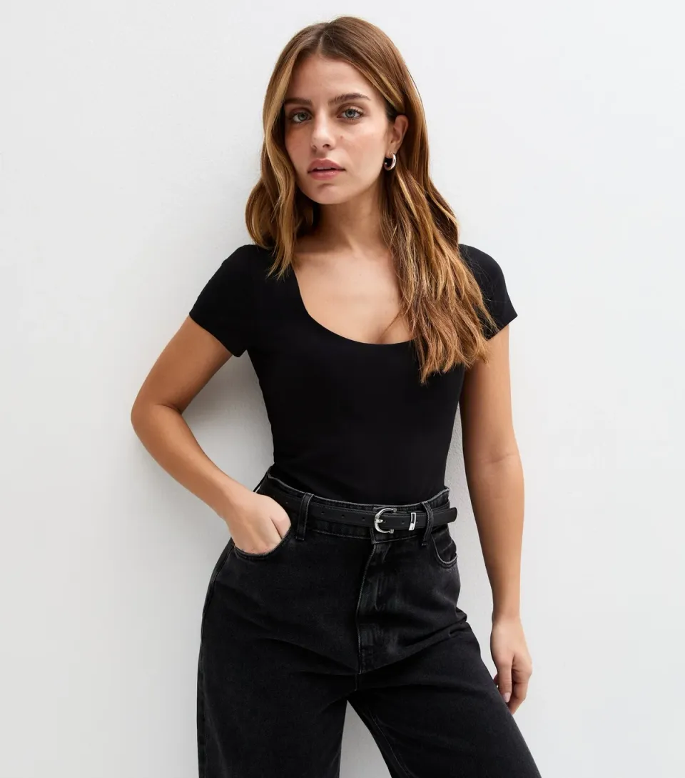 Women's Petite Black Scoop Neck Bodysuit