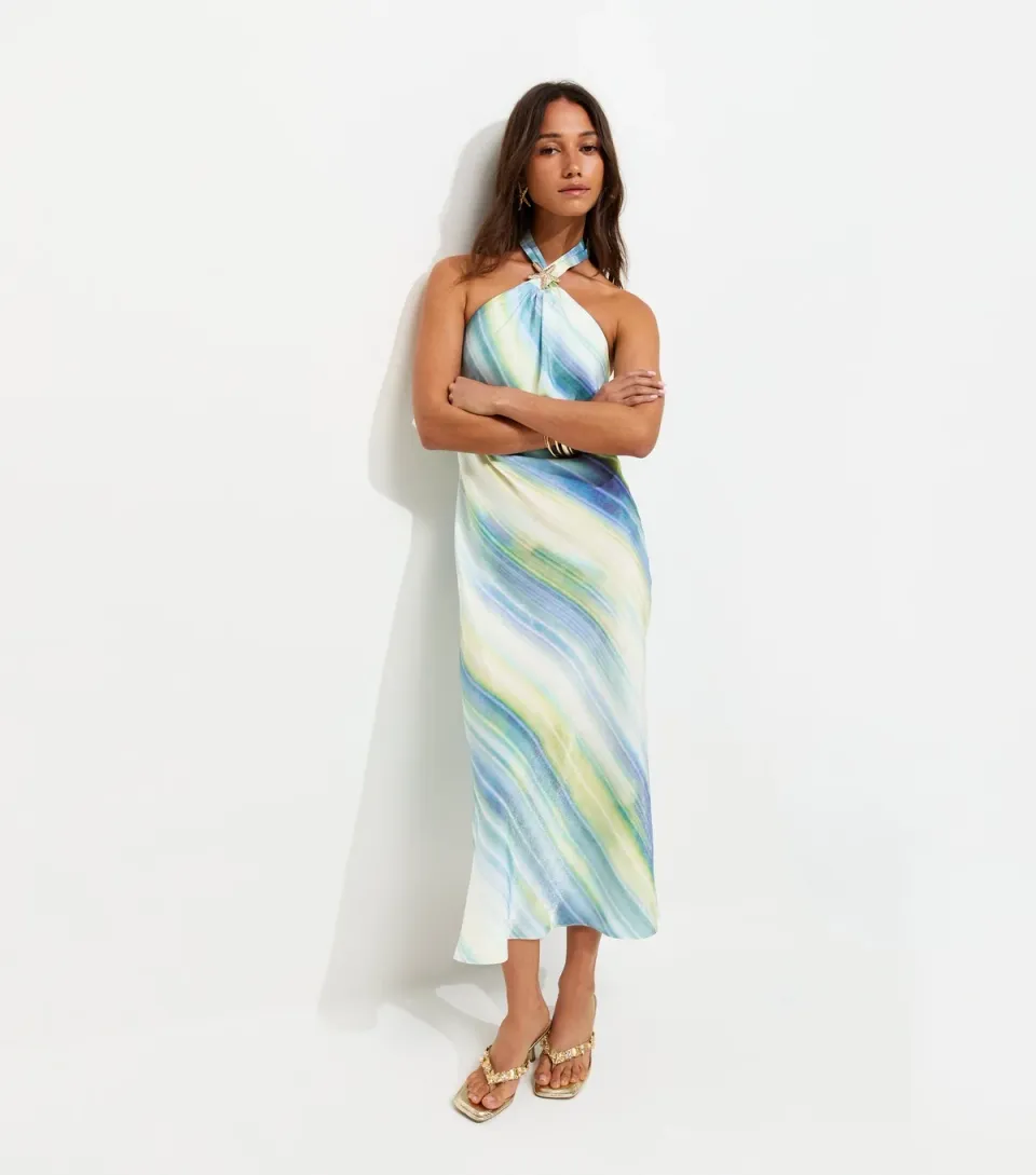 Women's Blue Diagonal Blurry Stripe Halterneck Midi Dress