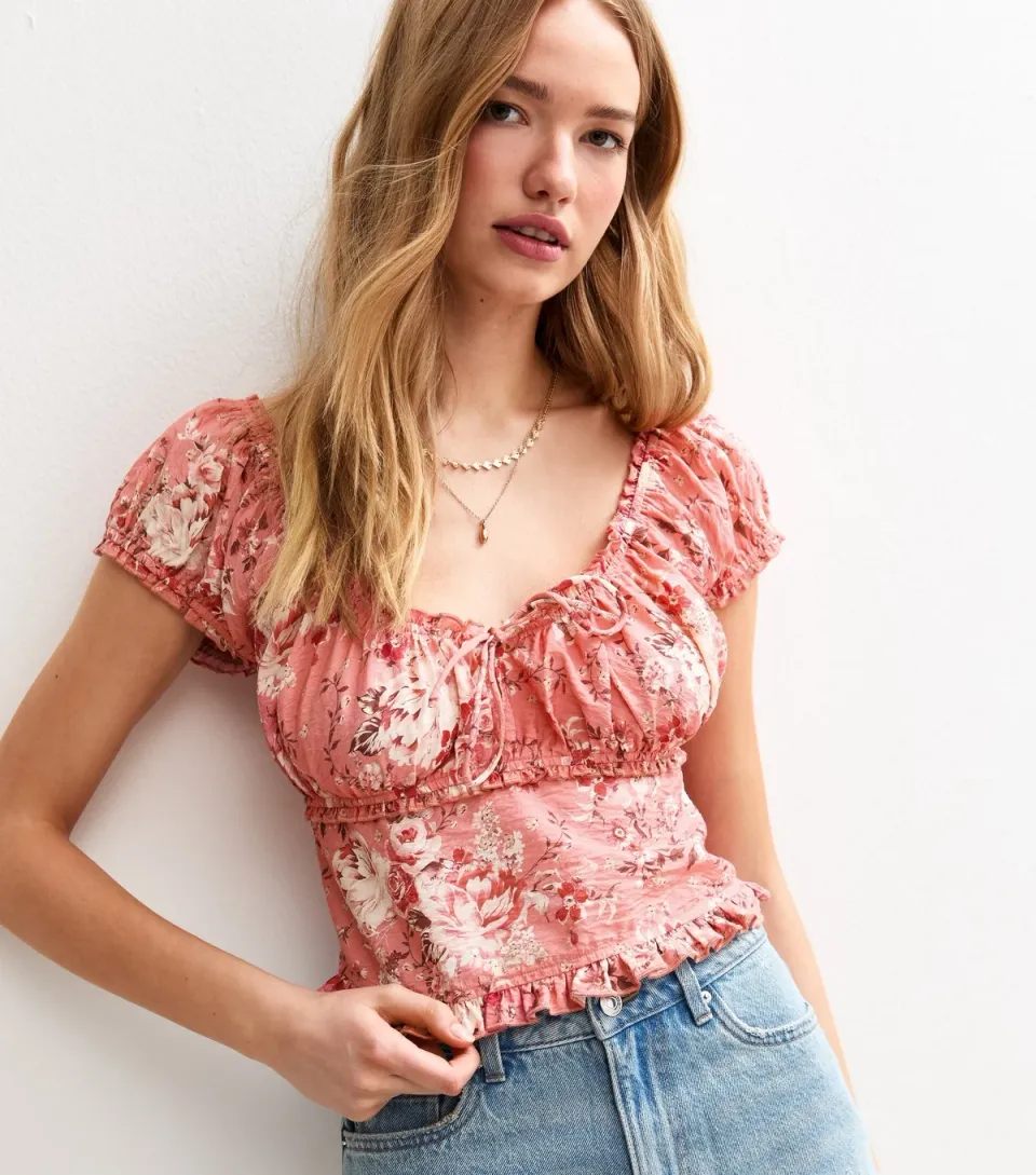 Women's Pink Floral Print Short Sleeve Milkmaid Top