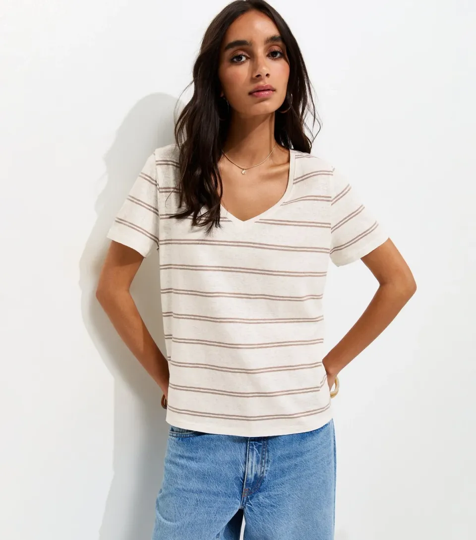 Women's Premium Cream Linen Rich Striped V Neck T-Shirt