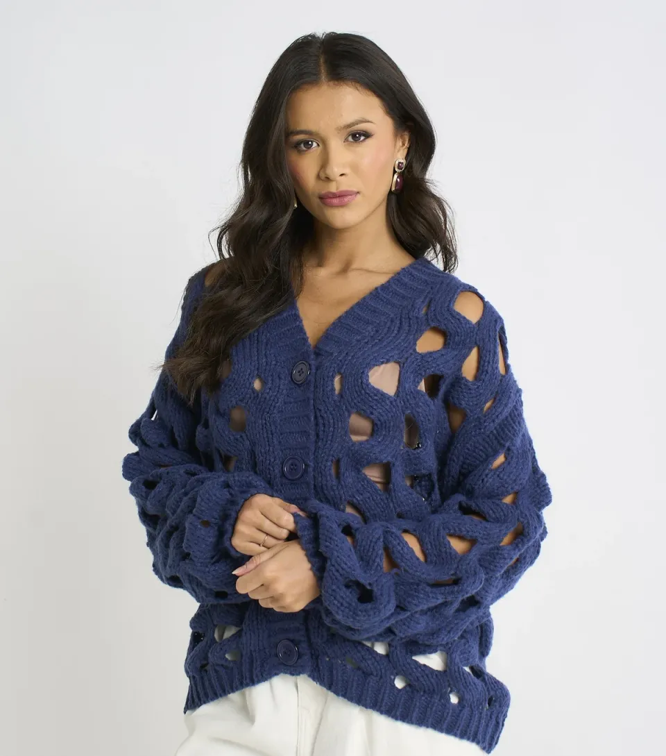 Women's Navy Hollow Chunky Knit Cardigan
