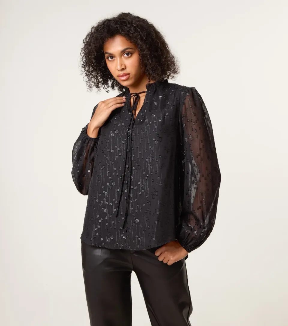 Women's Black Sheer Patterned Tie Neck Blouse