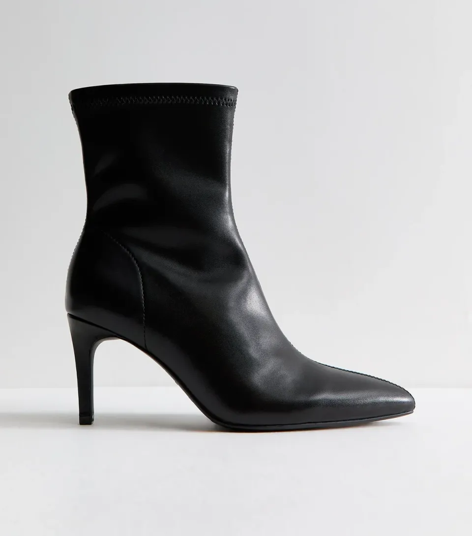Women's Black Faux Leather Pointed Sock Stiletto Ankle Boots Vegan
