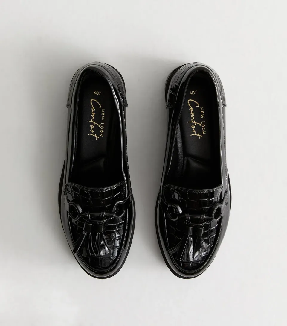Women's Black Croc Effect Faux Leather Loafers Vegan