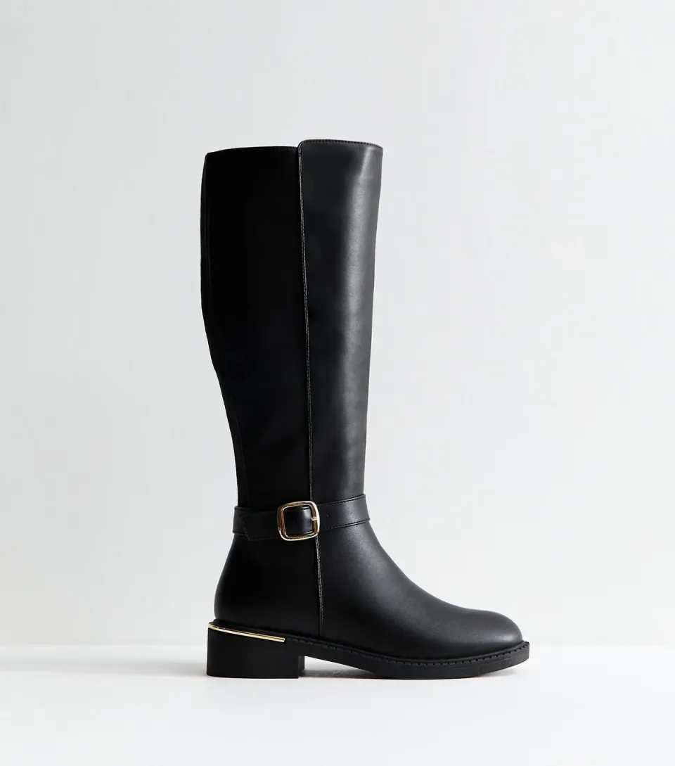 Women's Black Faux Leather Riding Knee High Boots Vegan