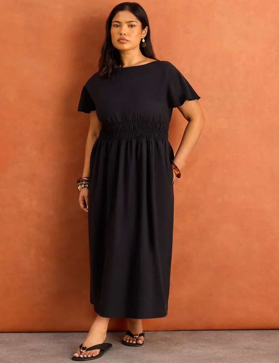 Slash Neck Midaxi Waisted Dress Black