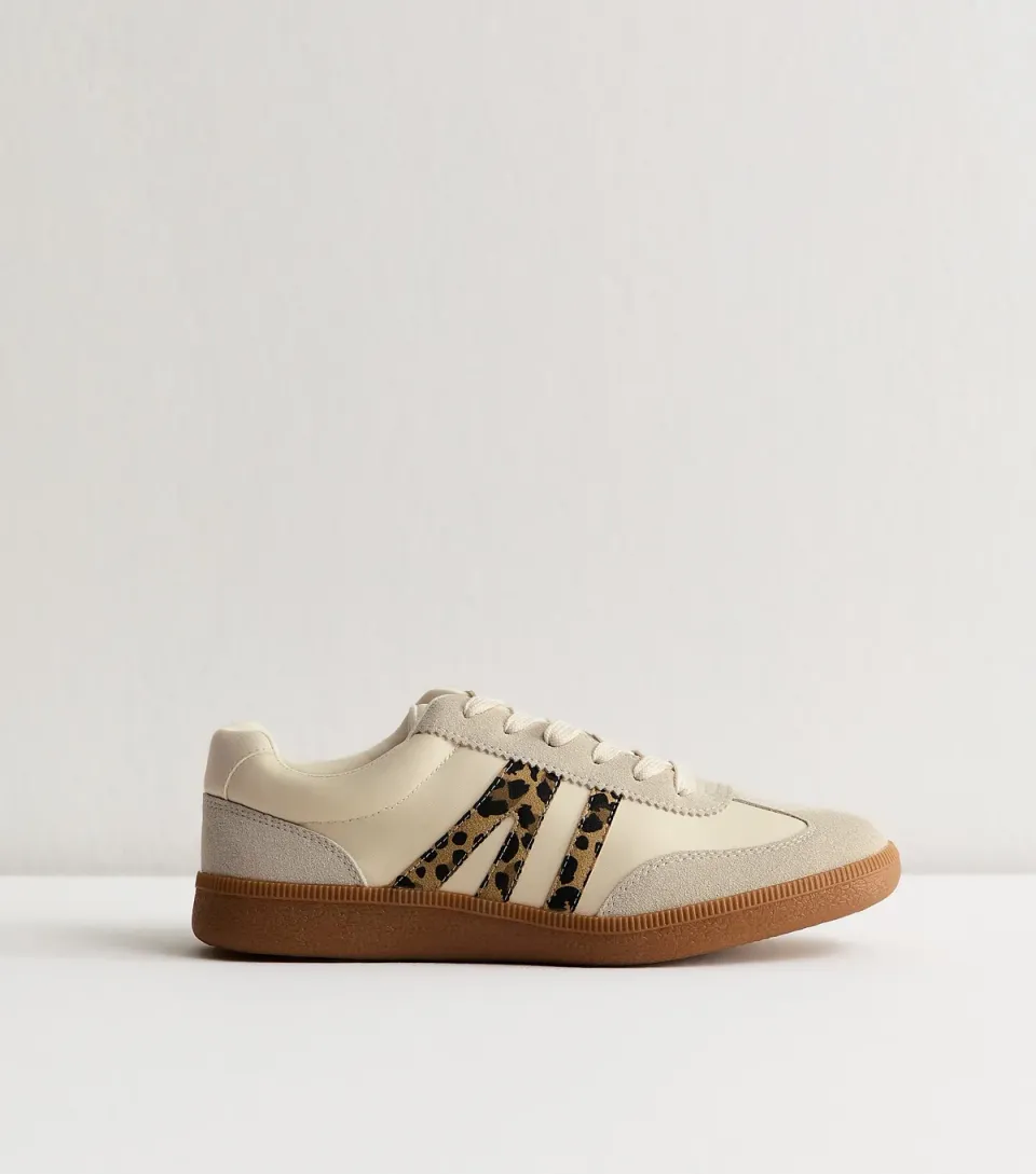 Women's Stone Leopard Trim Panelled Faux Leather Trainers Vegan