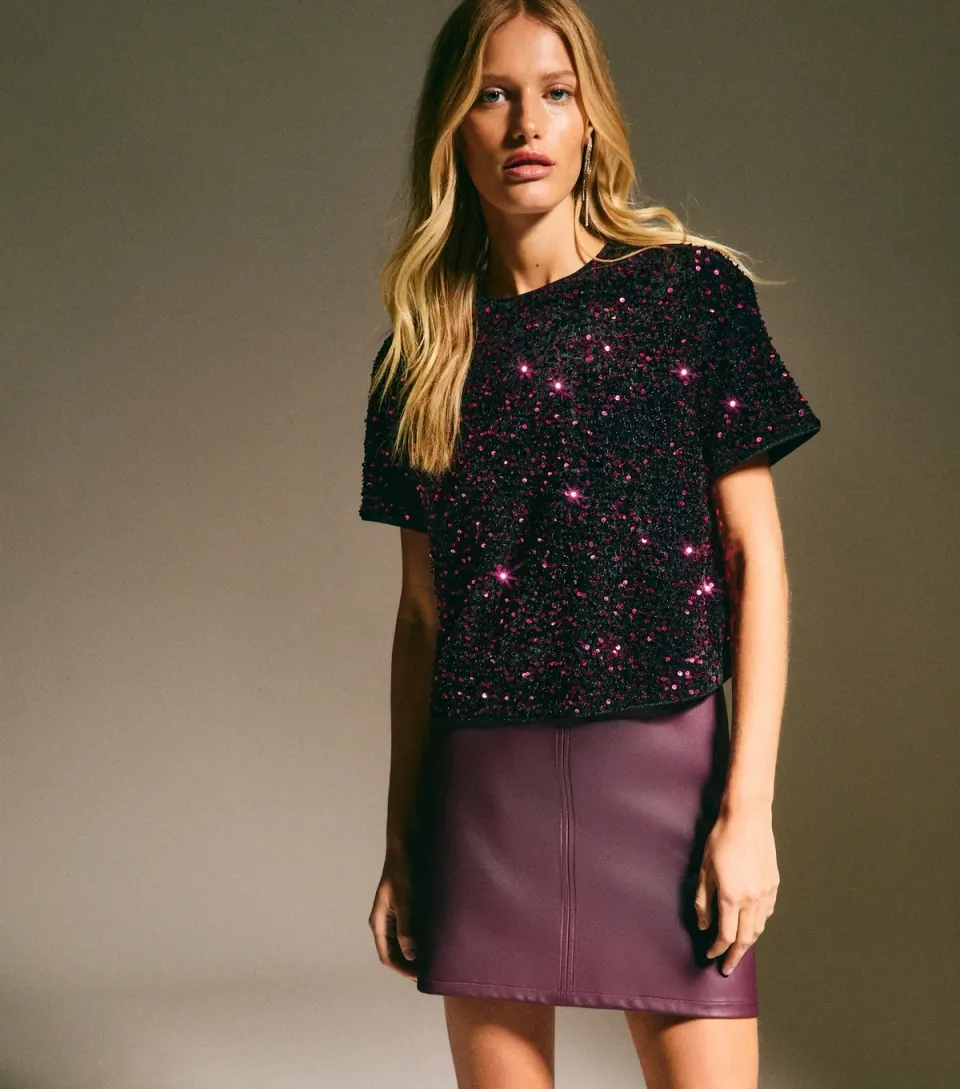 Women's Black Velvet Sequin Embellished T-Shirt