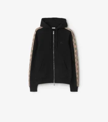 Check Trim Cotton Zip Hoodie in Black