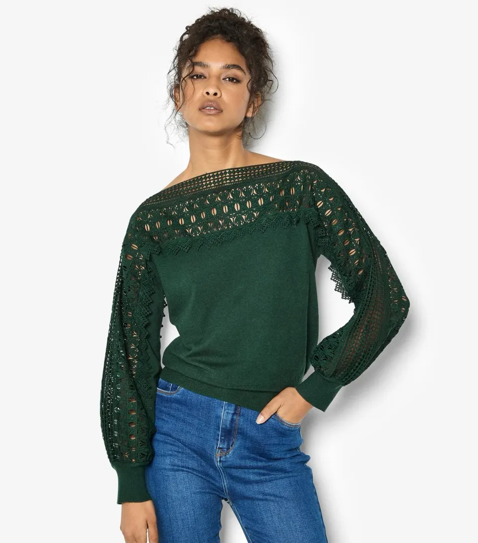 Women's Dark Green Lace Detail and Sleeve Detail Jumper