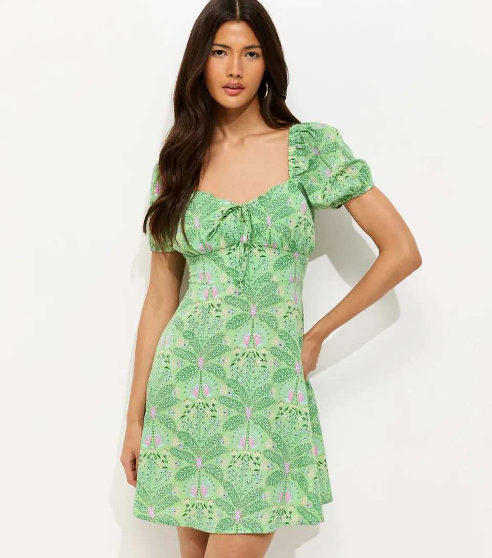 Women's Green Crepe Botanical Print Milkmaid Mini Dress