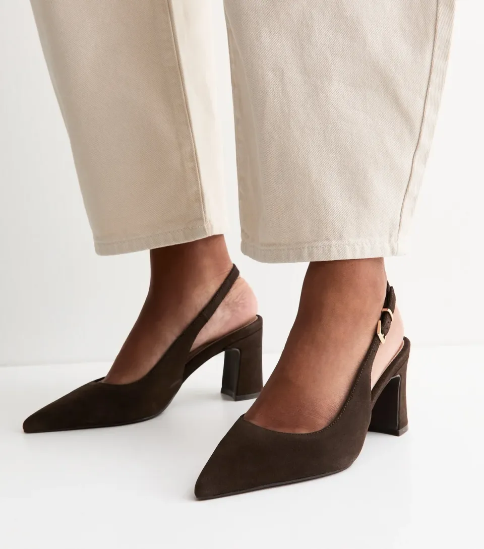 Women's Dark Brown Faux Suede Pointed Toe Slingback pumps Vegan