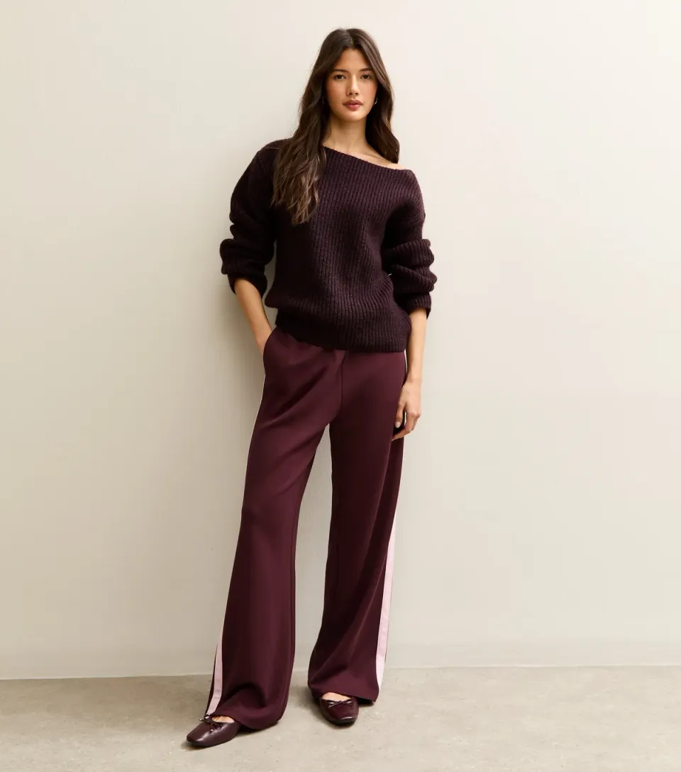 Women's Premium Burgundy Side Stripe Wide Leg Joggers