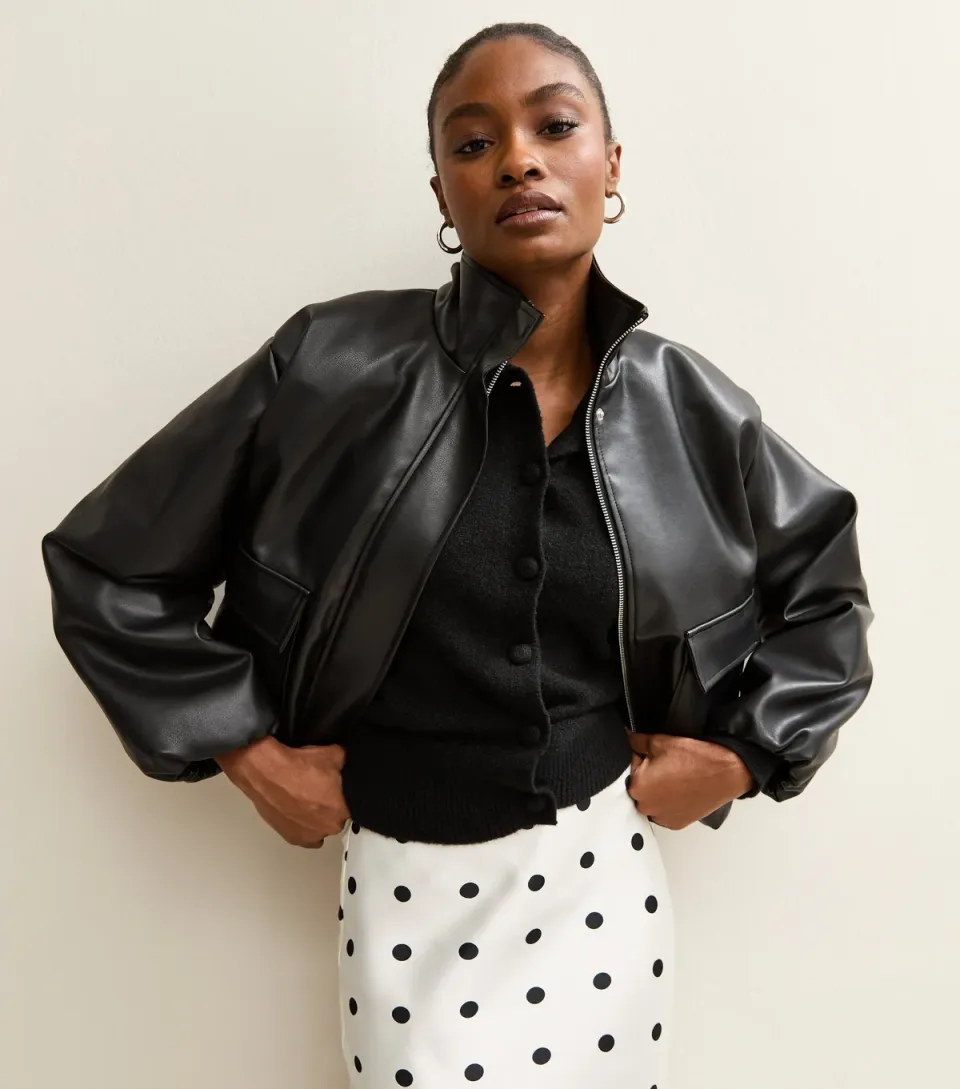 Women's Black Faux Leather Funnel Neck Bomber Jacket