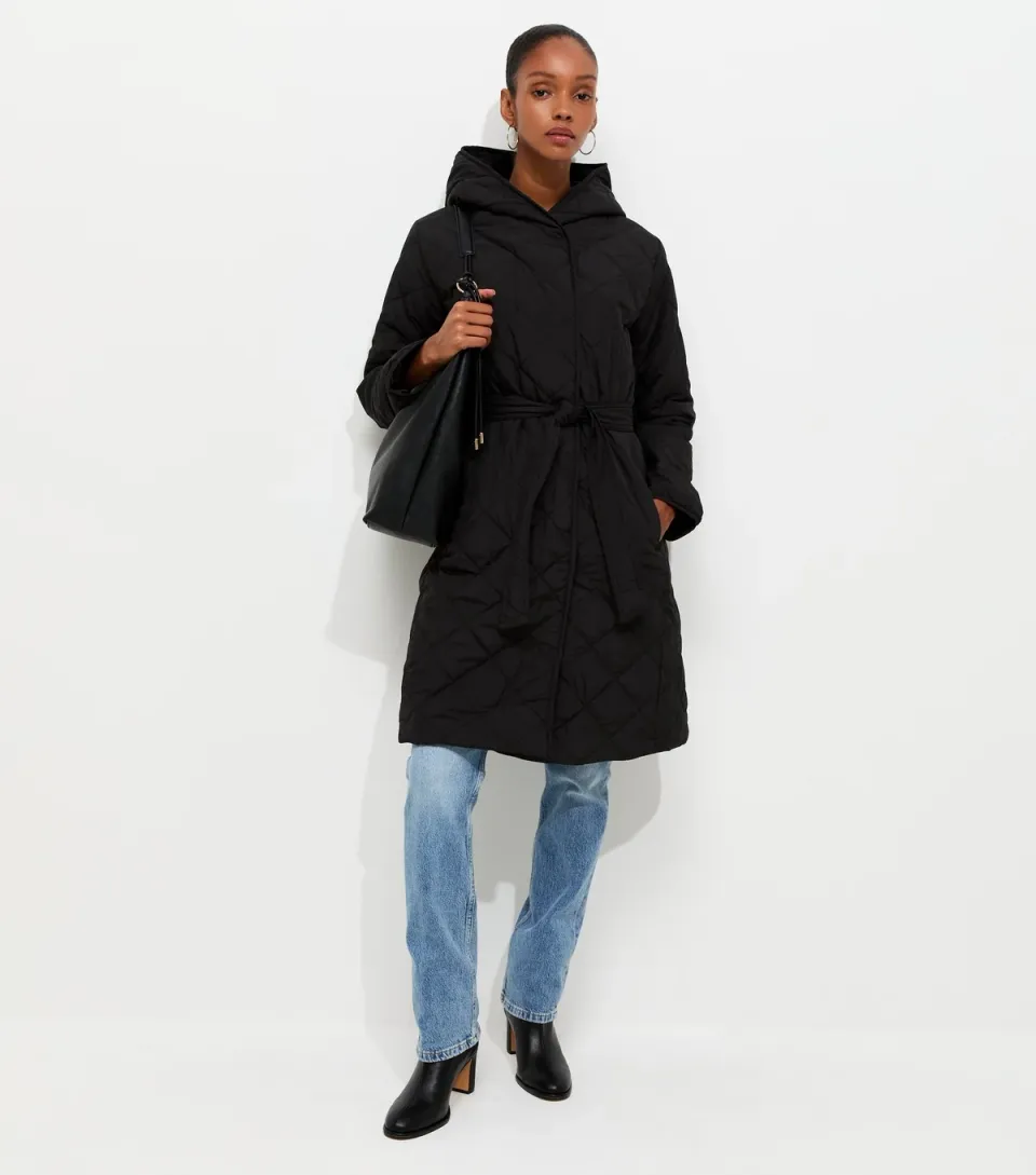 Women's Black Hooded Belted Quilted Jacket