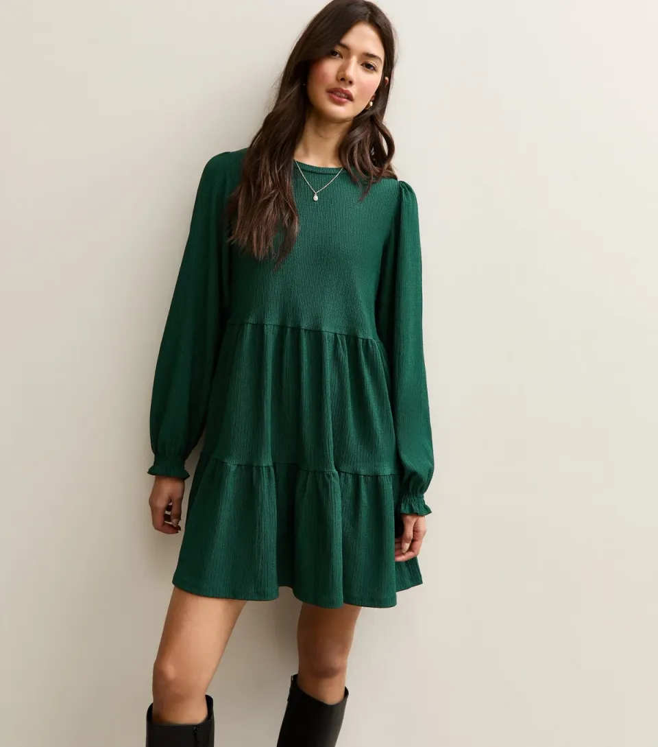 Women's Dark Green Crinkled Tiered Mini Dress