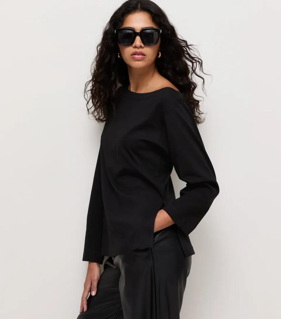 Women's Black Cotton Long Sleeve Off The Shoulder Top