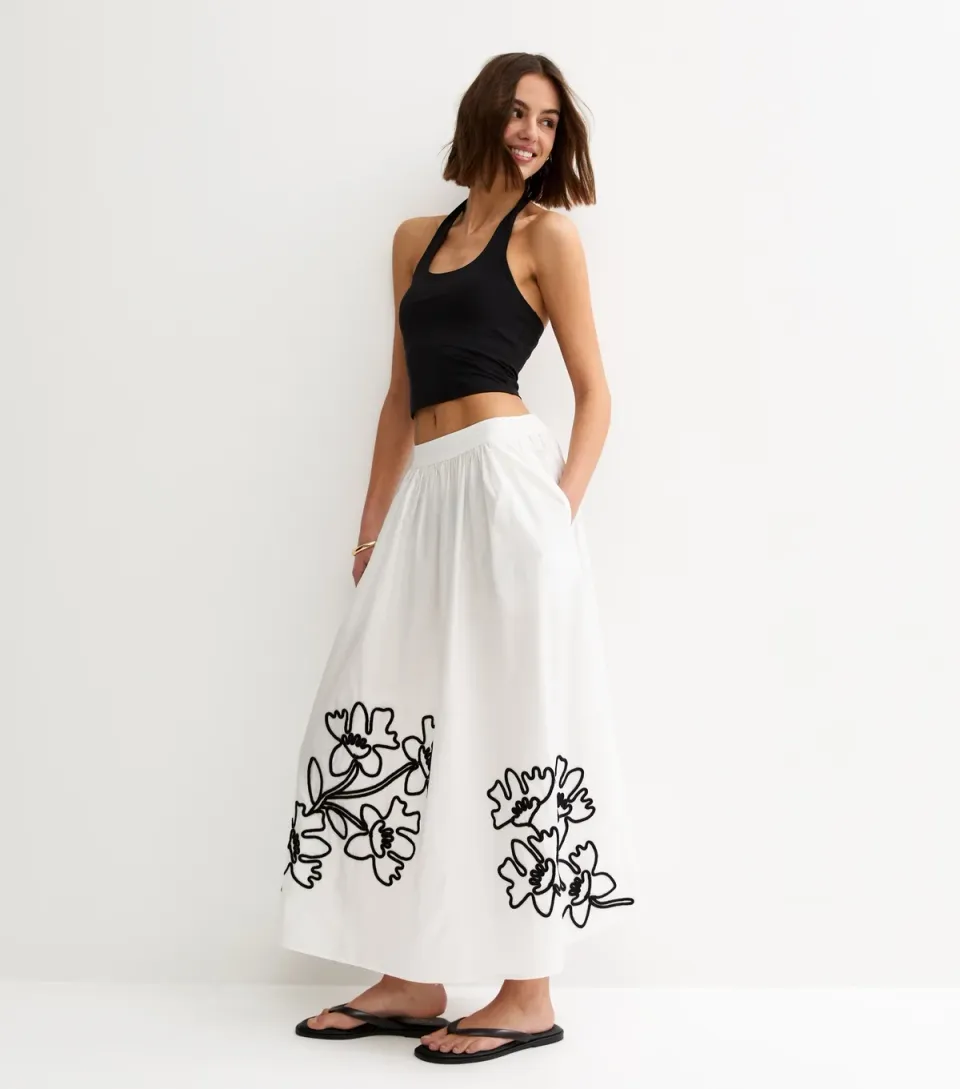 Women's Cream Flower Embroidered Midi Skirt