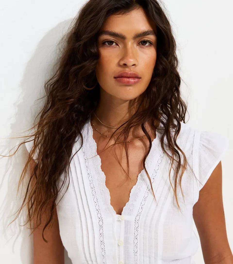 Women's White Cotton Lace Trim Button Front Tea Top