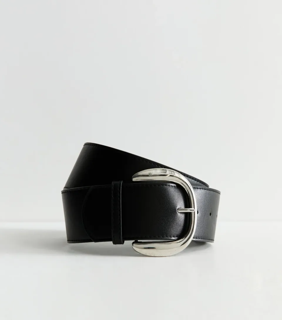 Black Faux Leather Curved Buckle Waist Belt