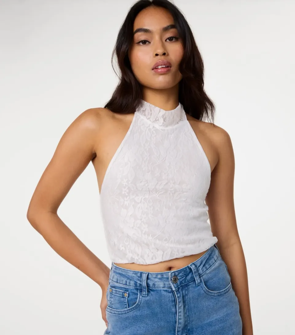 Women's Off White Lace Bubble Hem Halter Neck Top